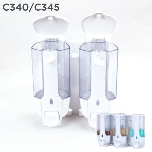 ReThink BioClean's clear and white shower two product dispenser.