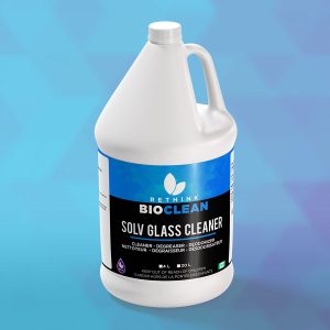A ReThink BioClean's jug of Solv Glass Cleaner.