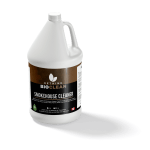 ReThink BioClean's Smokehouse and BBQ cleaner in a white jug with a brown and black label.