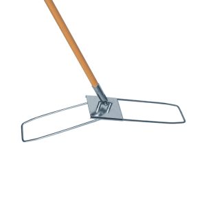 A metal dust mop frame with a wooden handle.