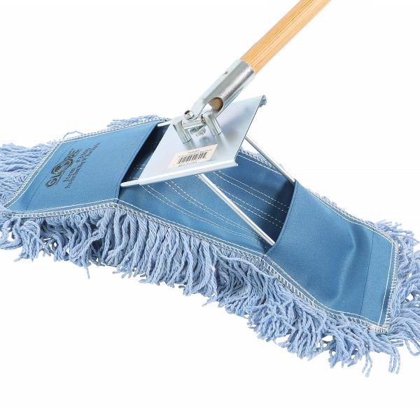 Blue dust mop head, on a metal slip-on dust mop frame, with a wooden handle attached.