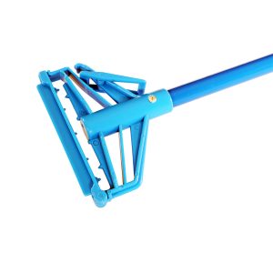 A blue metal mop handle with quick release option.