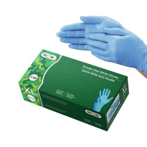 Two hands in nitrile gloves with a green box of 3mil nitrile gloves.