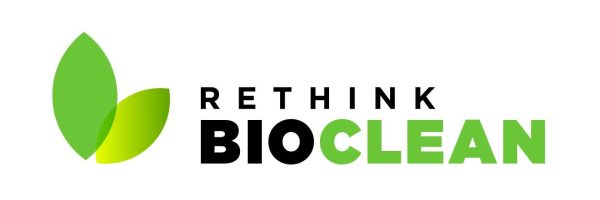 ReThink BioClean's logo with black and green lettering and two green leaves.