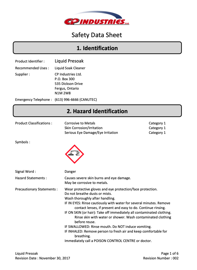 Safety data sheet on liquid presoak.
