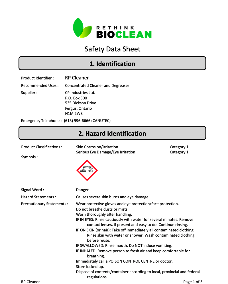 Safety data sheet for rp cleaner.