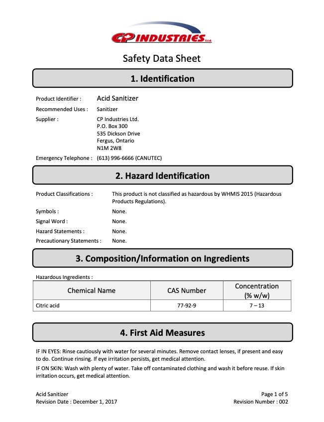 Safety Data Sheet of CP Industries Acid Sanitizer.