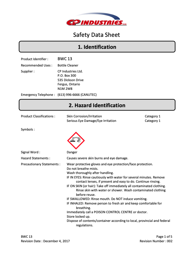 Safety Data Sheet of CP Industries BWC 13.