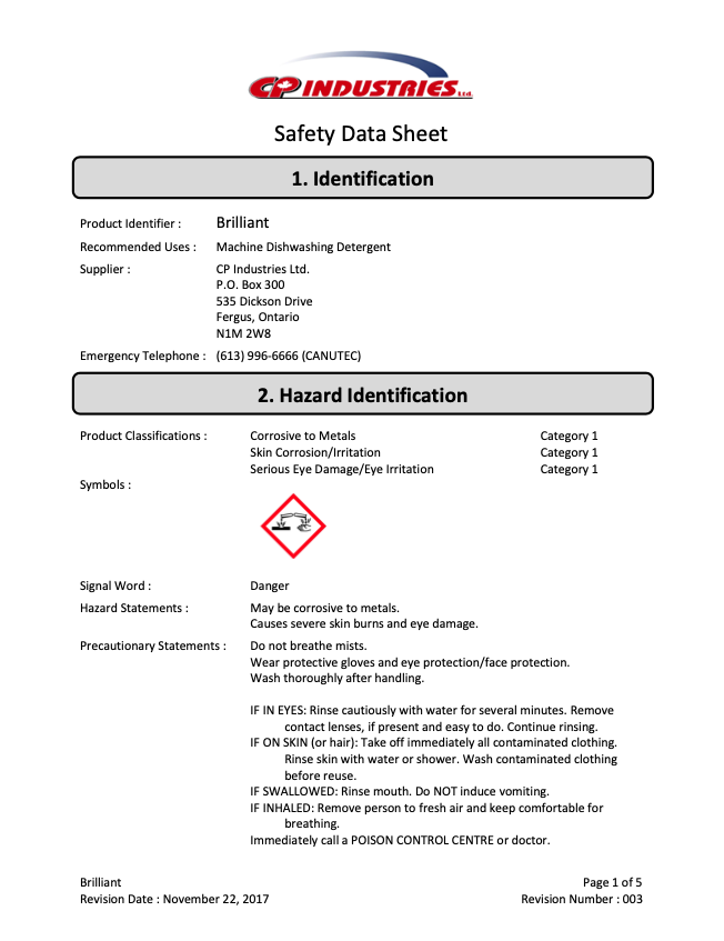 Safety Data Sheet of CP Industries Brilliant.
