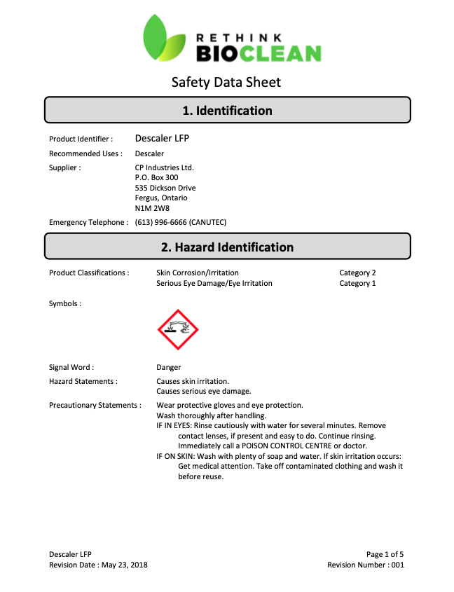 Safety Data Sheet of ReThink BioClean's Descaler LFP.