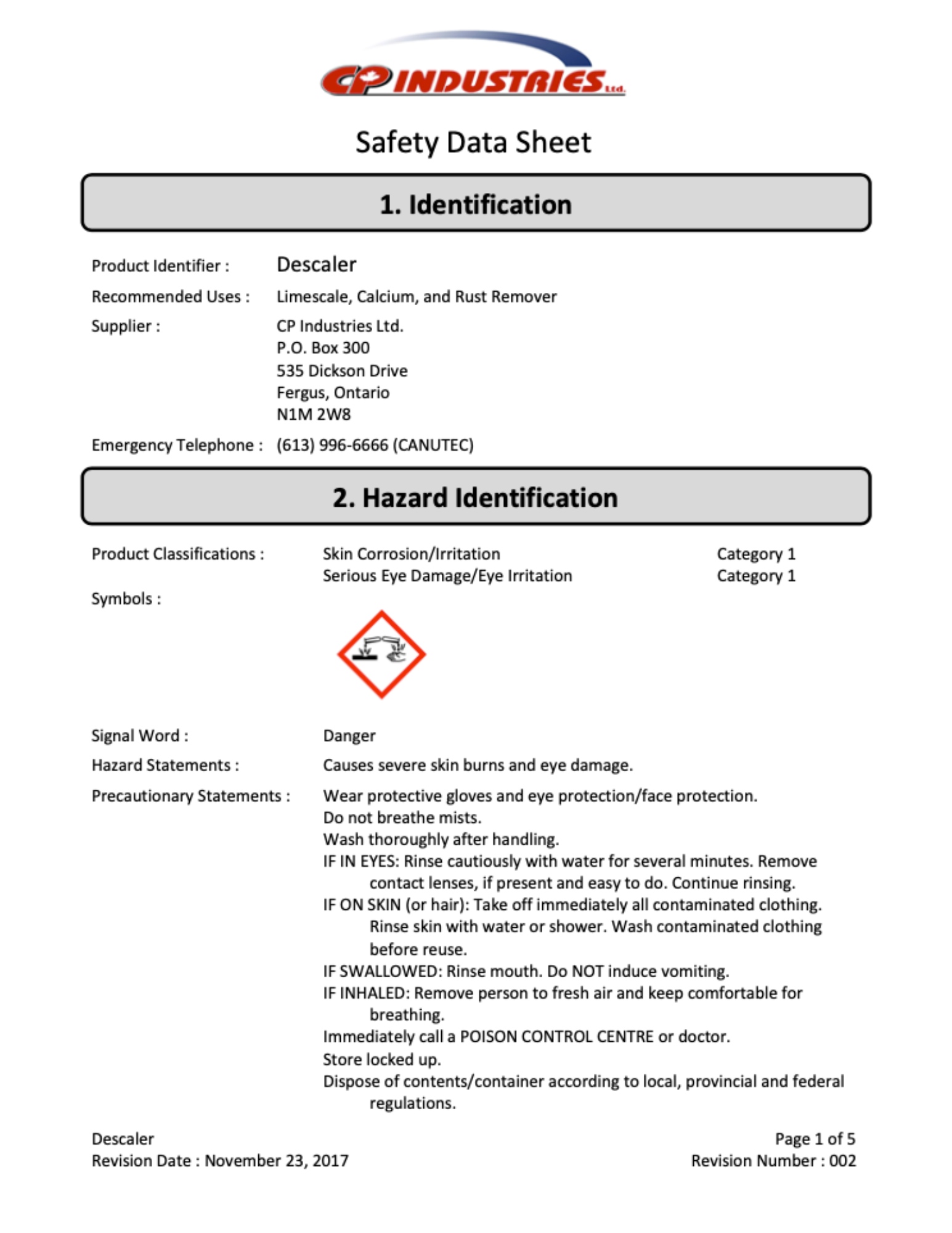 Safety Data Sheet of CP Industries Descaler.