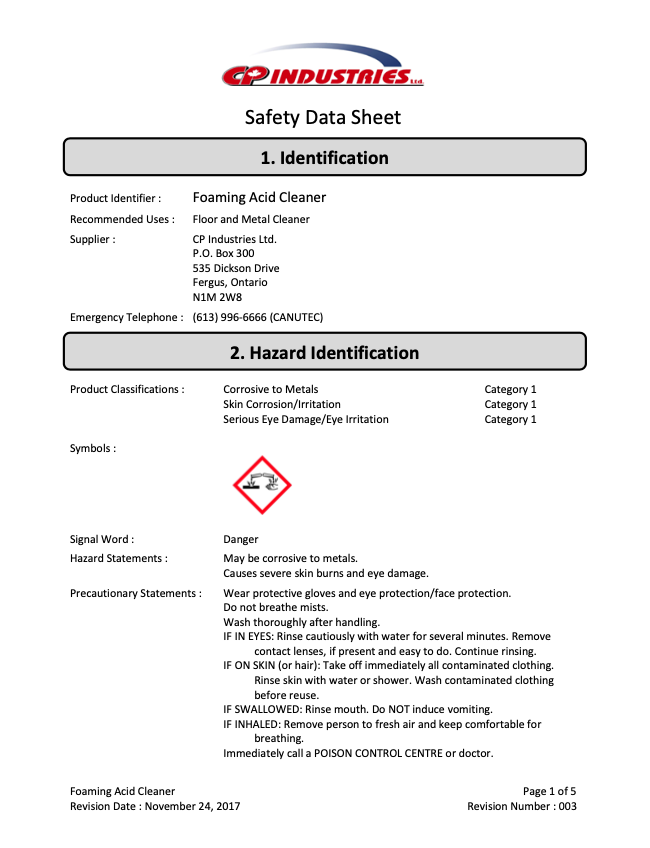 Safety Data Sheet of CP Industries Foaming Acid Cleaner.