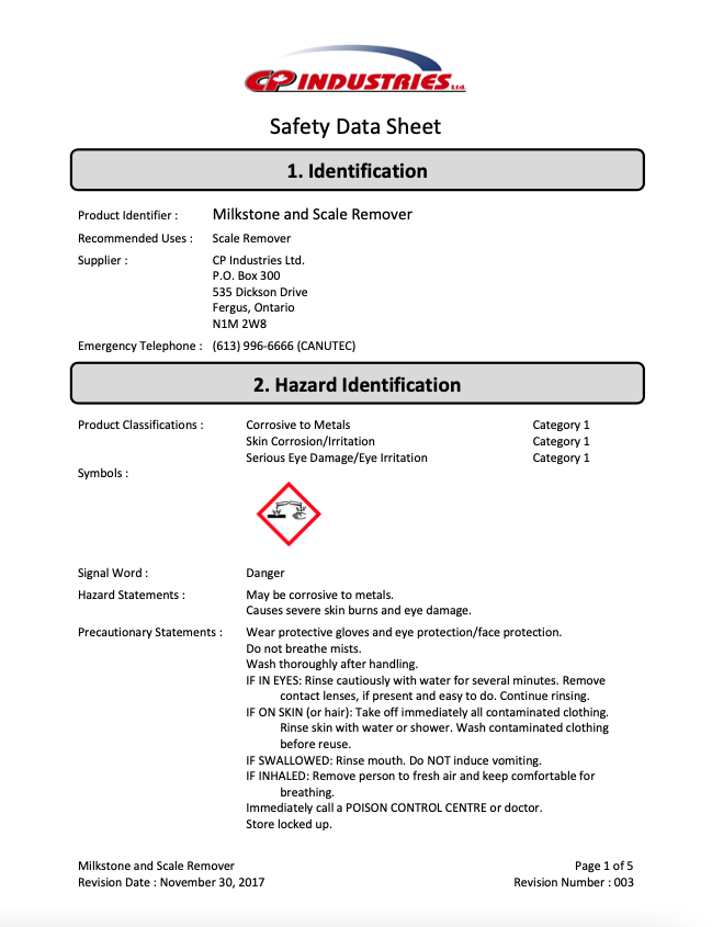Safety Data Sheet of CP Industries Milkstone and Scale Remover.