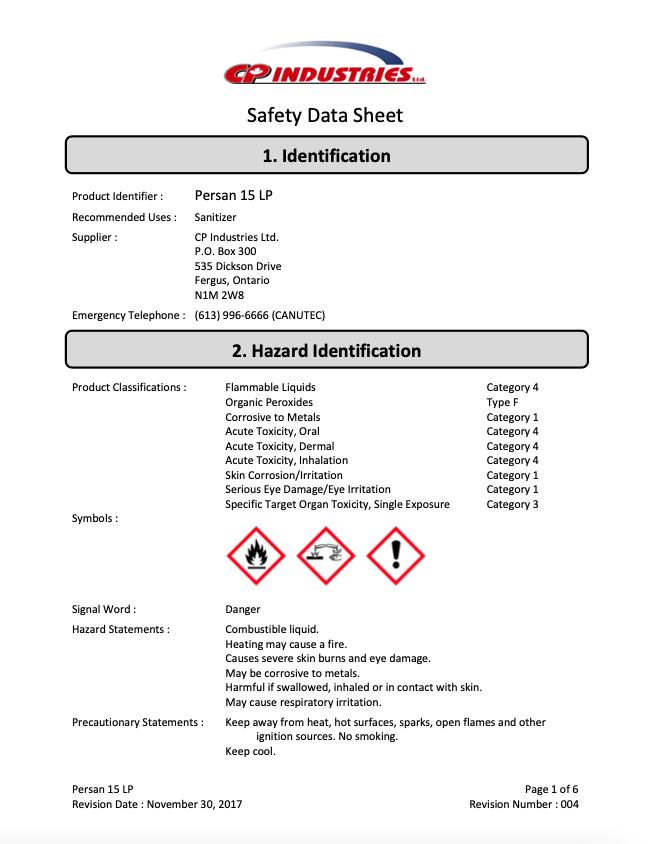 Safety Data Sheet of CP Industries Persan 15 LP.
