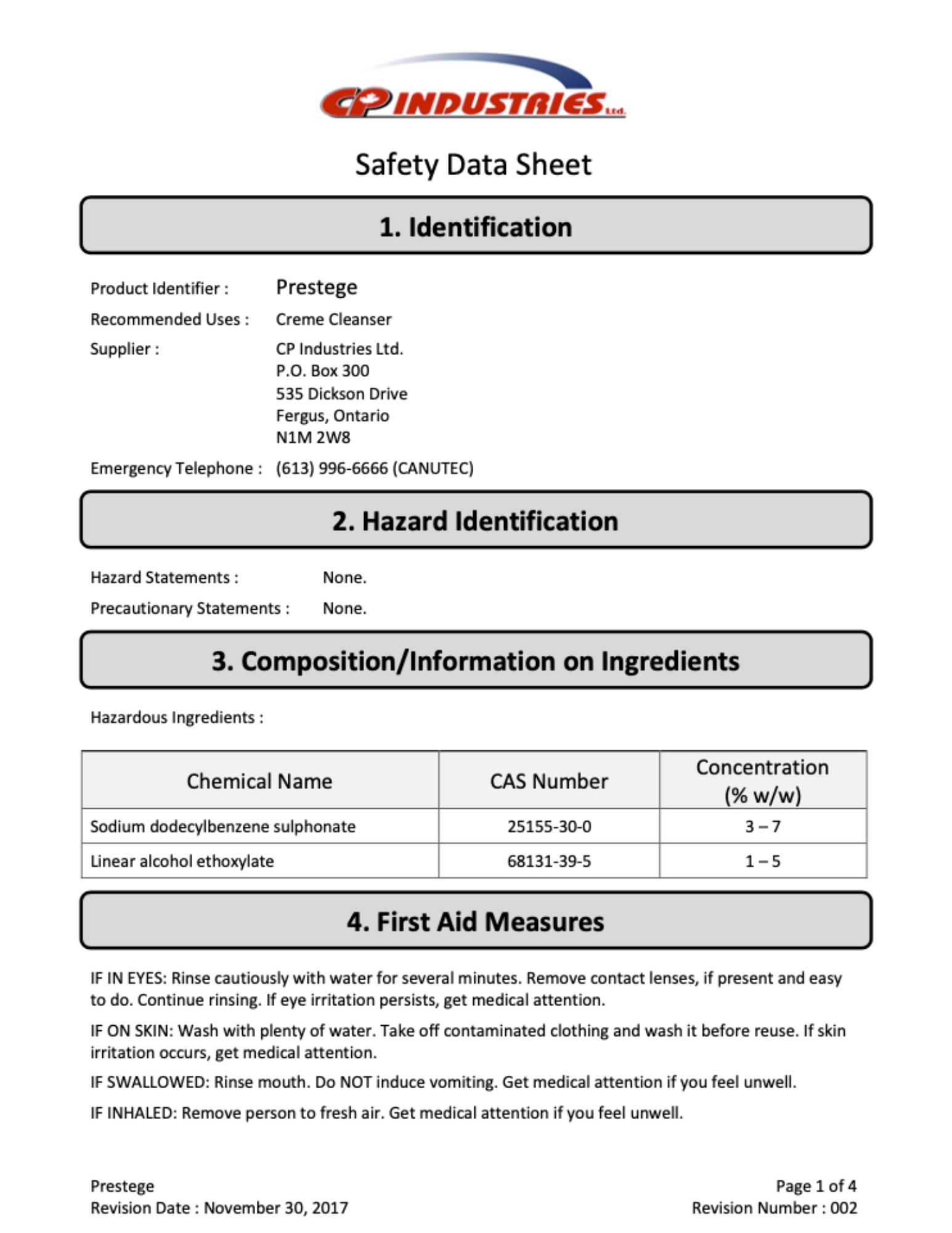 Safety Data Sheet of CP Industries Prestege.