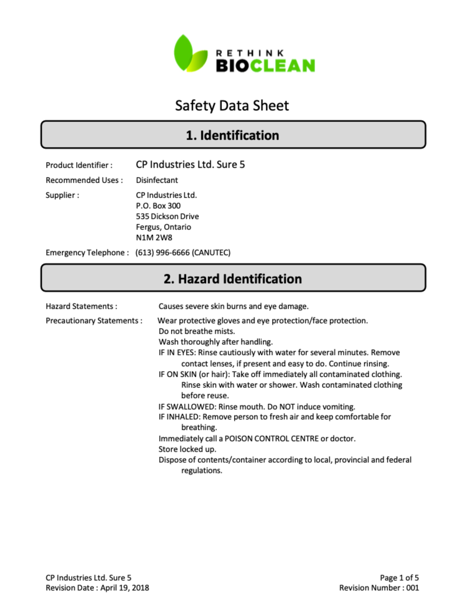 Safety Data Sheet of ReThink BioClean's Sure 5.