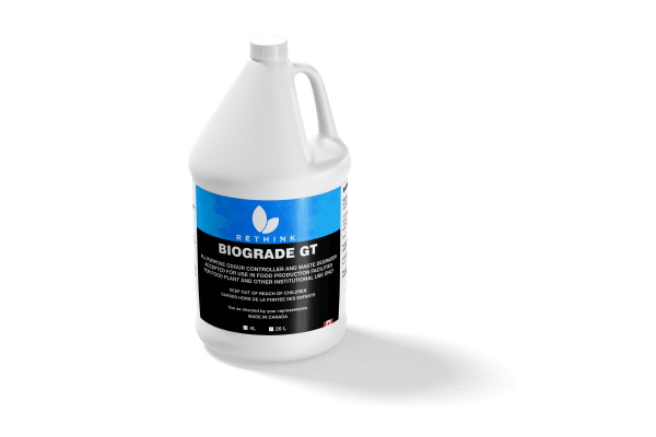 ReThink BioClean's Biograde GT Enzyme Cleaner in a white jug with a blue and black label.