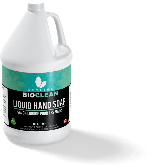 ReThink BioClean's liquid hand soap in a white jug with a blue and black label.