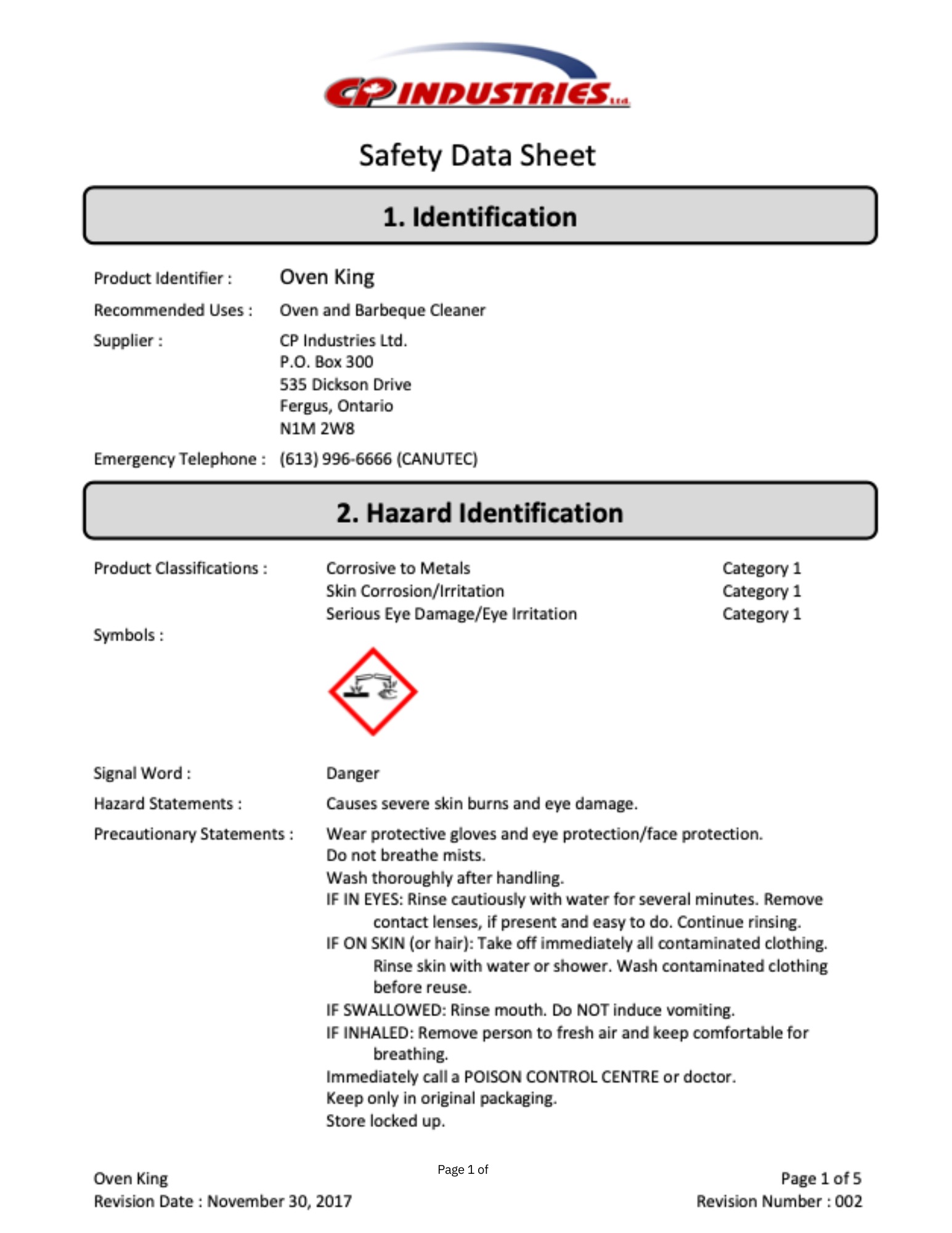 Safety Data Sheet from CP Industries for Bio Ovenclean.
