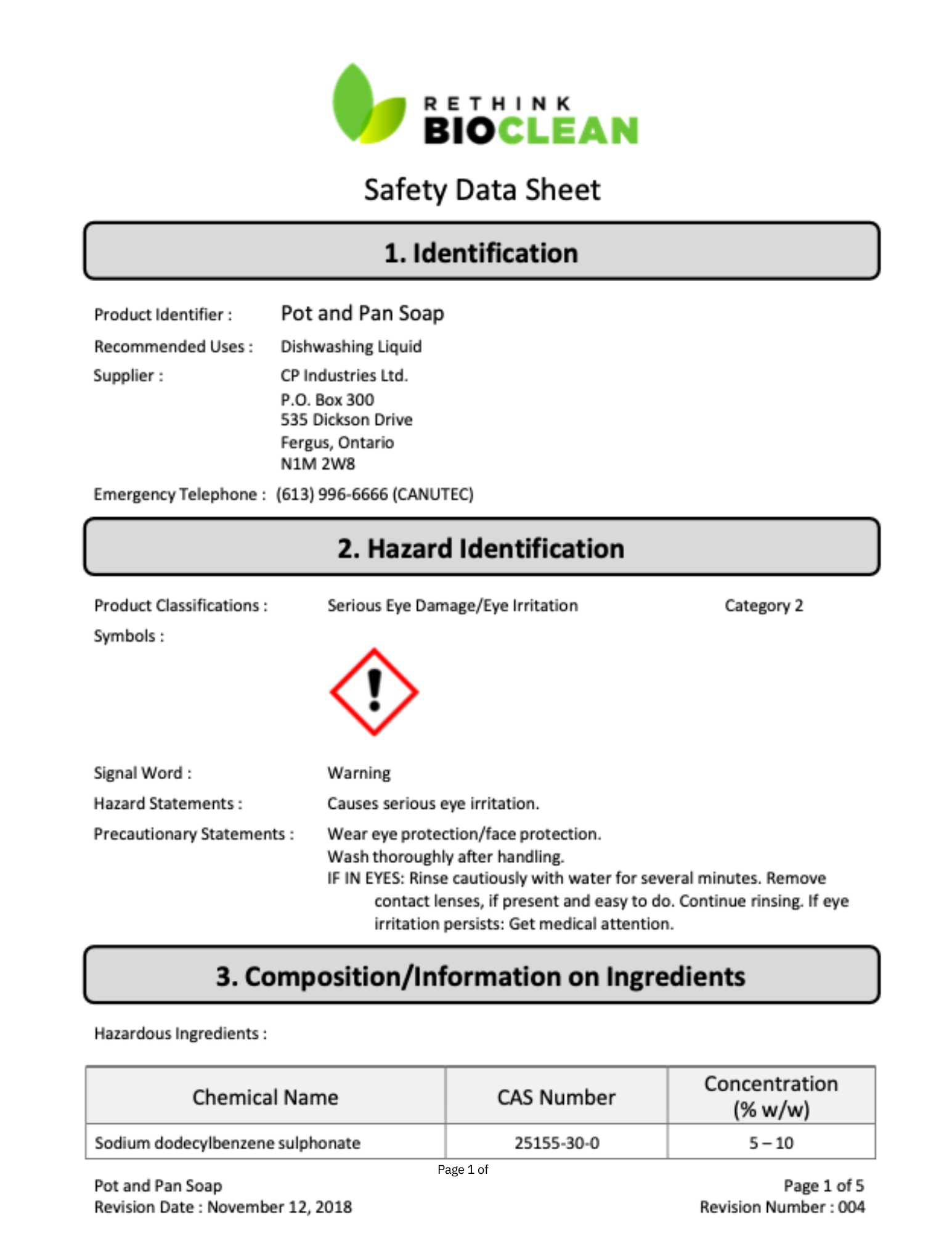 Safety Data Sheet from ReThink BioClean for Pot and Pan Soap.