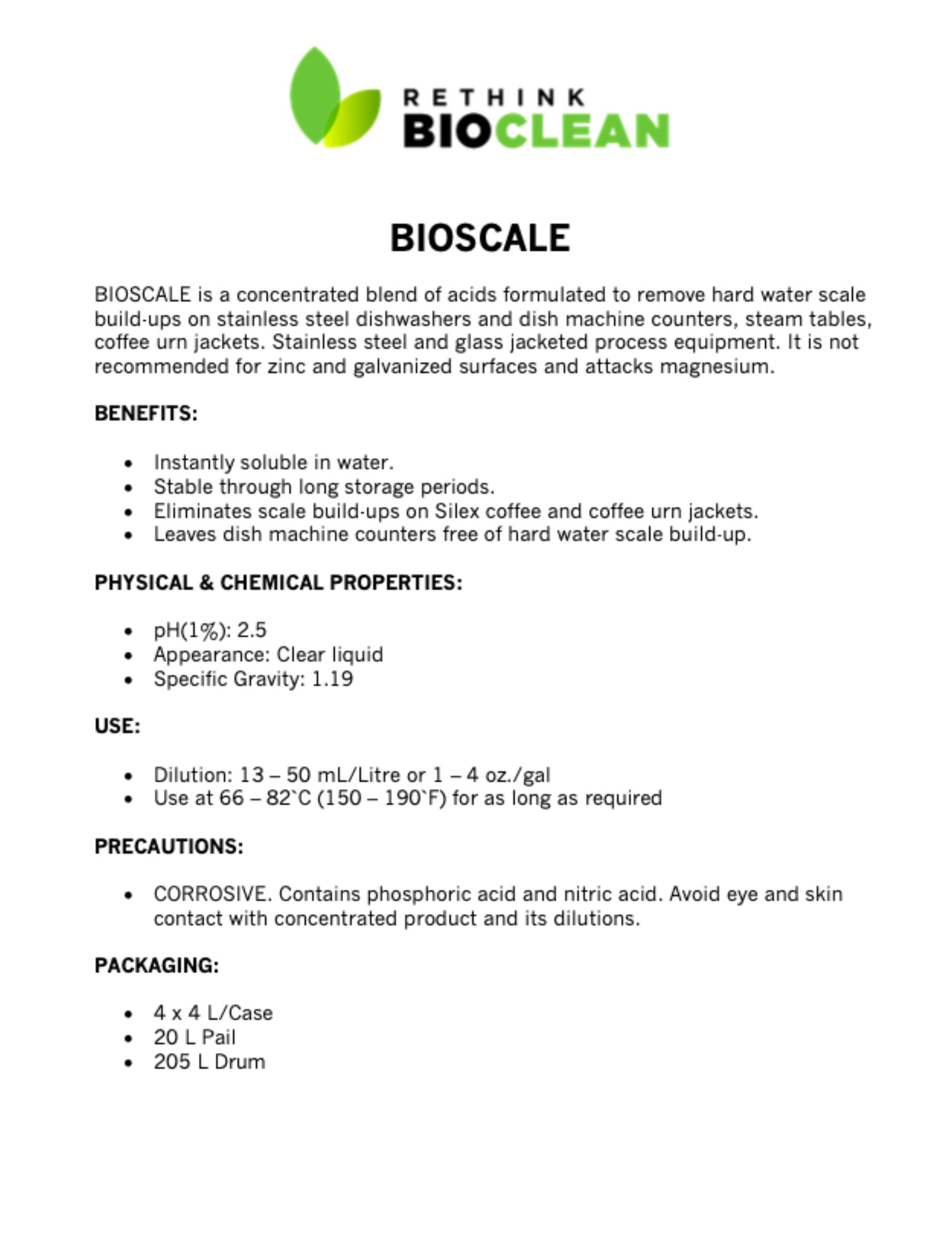 Safety Data Sheet from ReThink BioClean for Bioscale.