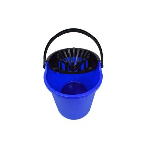 A blue and black mop pail with a wringer.