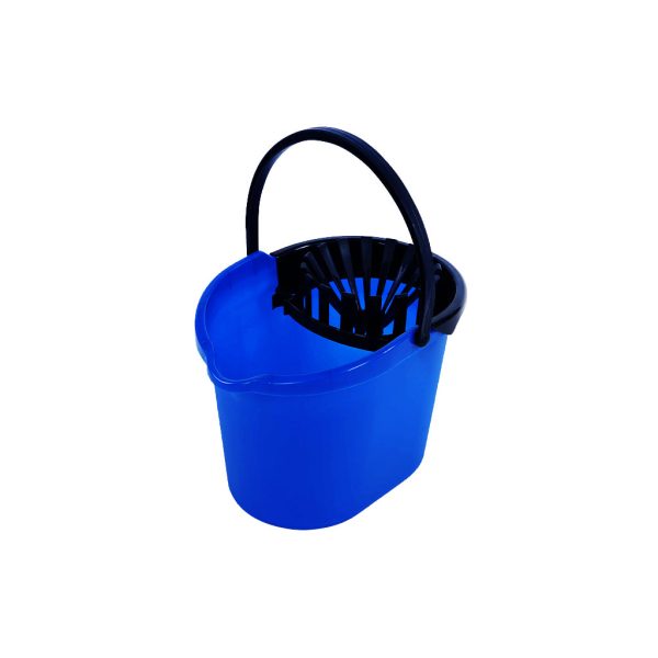 A blue and black mop pail with a wringer.
