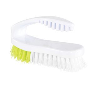 White and green scrub brush with a handle.