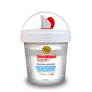 SteriWipes Virucidal Wipes in a white container with a plastic white and red lid and white handle.